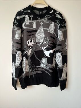 Disney Black Gray White Nightmare Before Christmas Jack Skellington Sweater